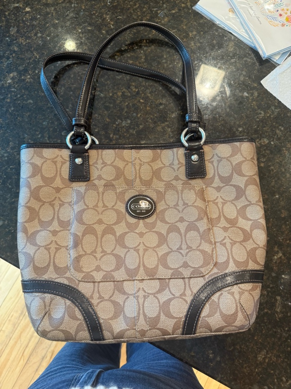 Coach Signature Canvas Tote in Beige and Dark Brown in excellent condition.